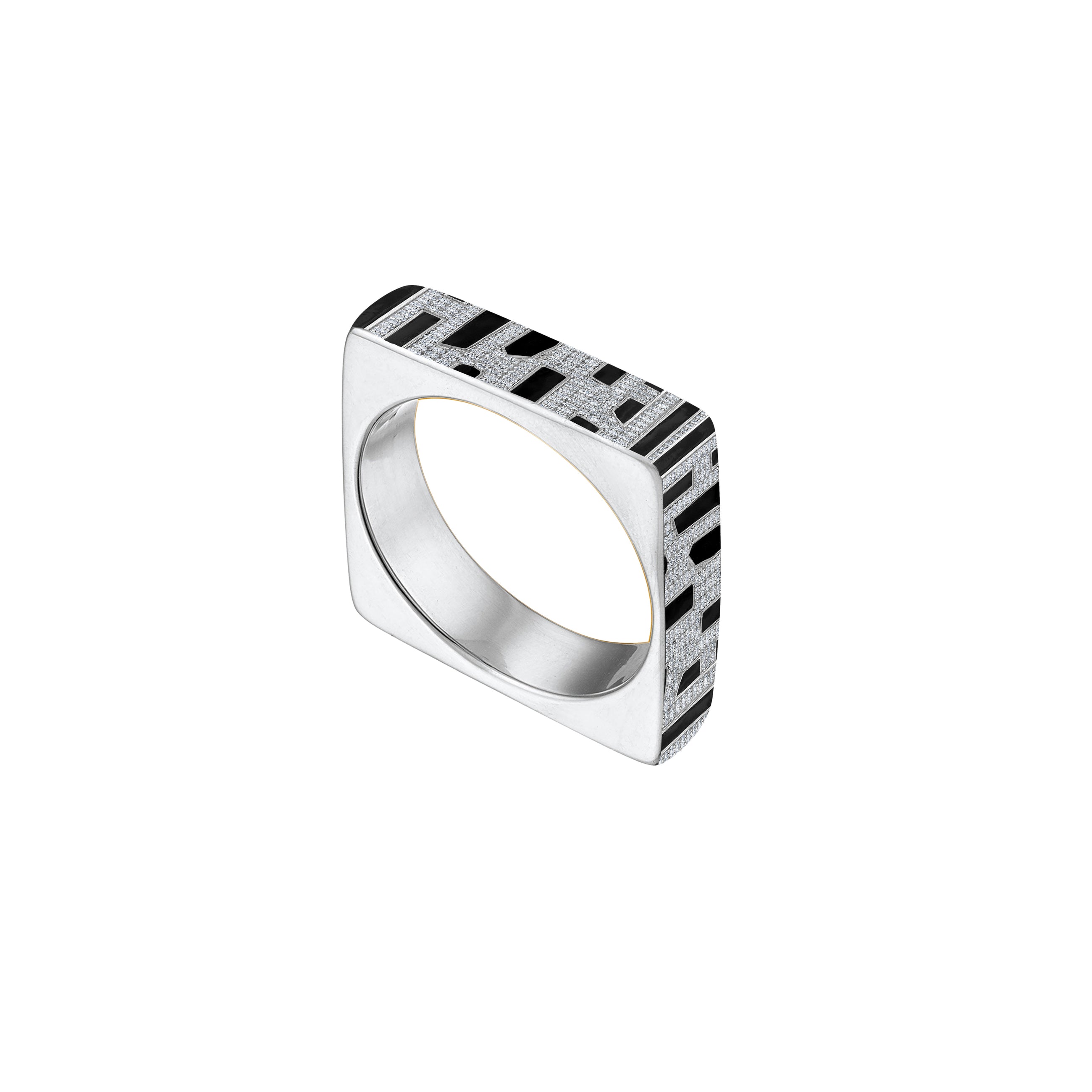 Sterling Silver Square Ring with Lab Grown Paved Diamonds & Black Enamel