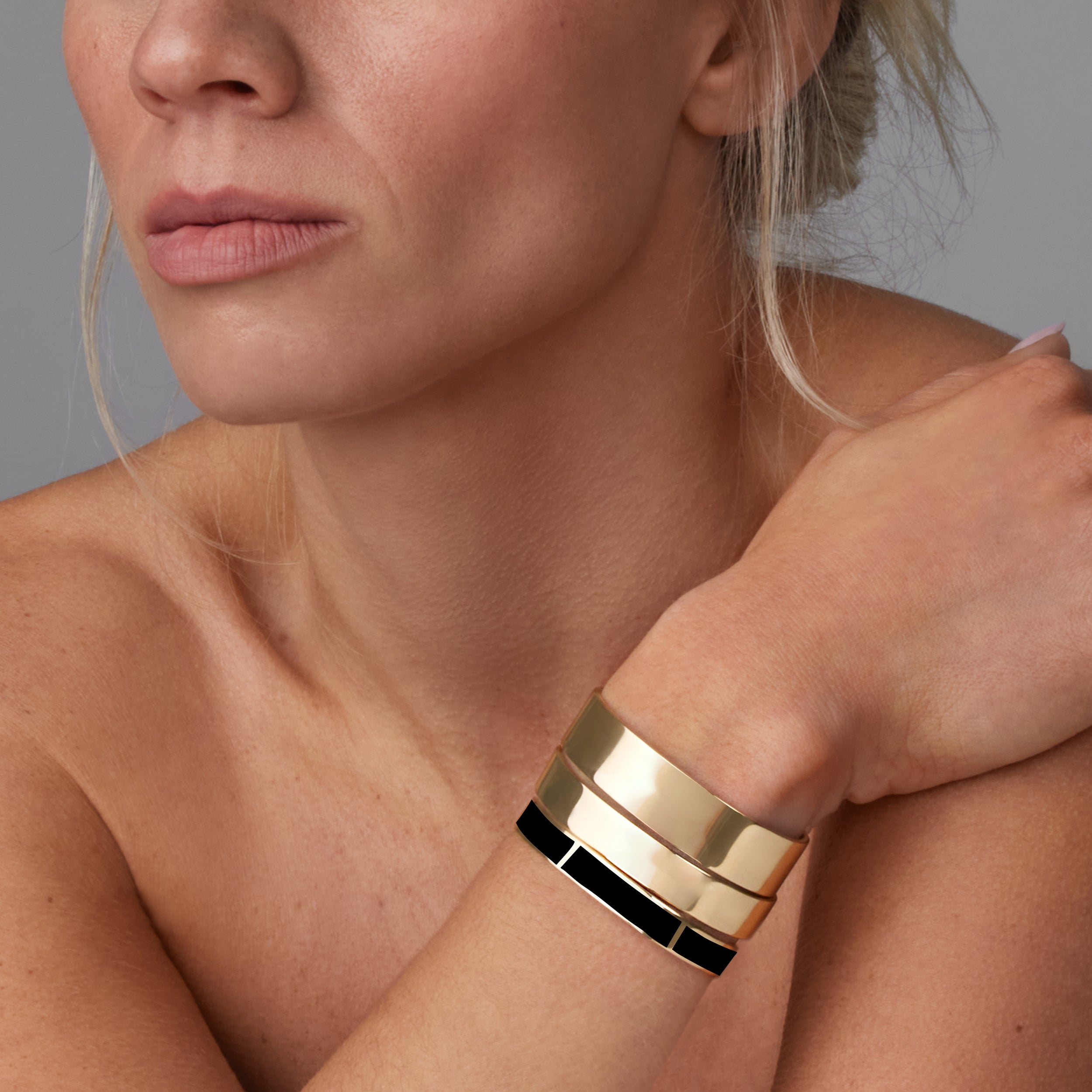 18k Gold 8mm Cuff Bracelets with Black Enamel