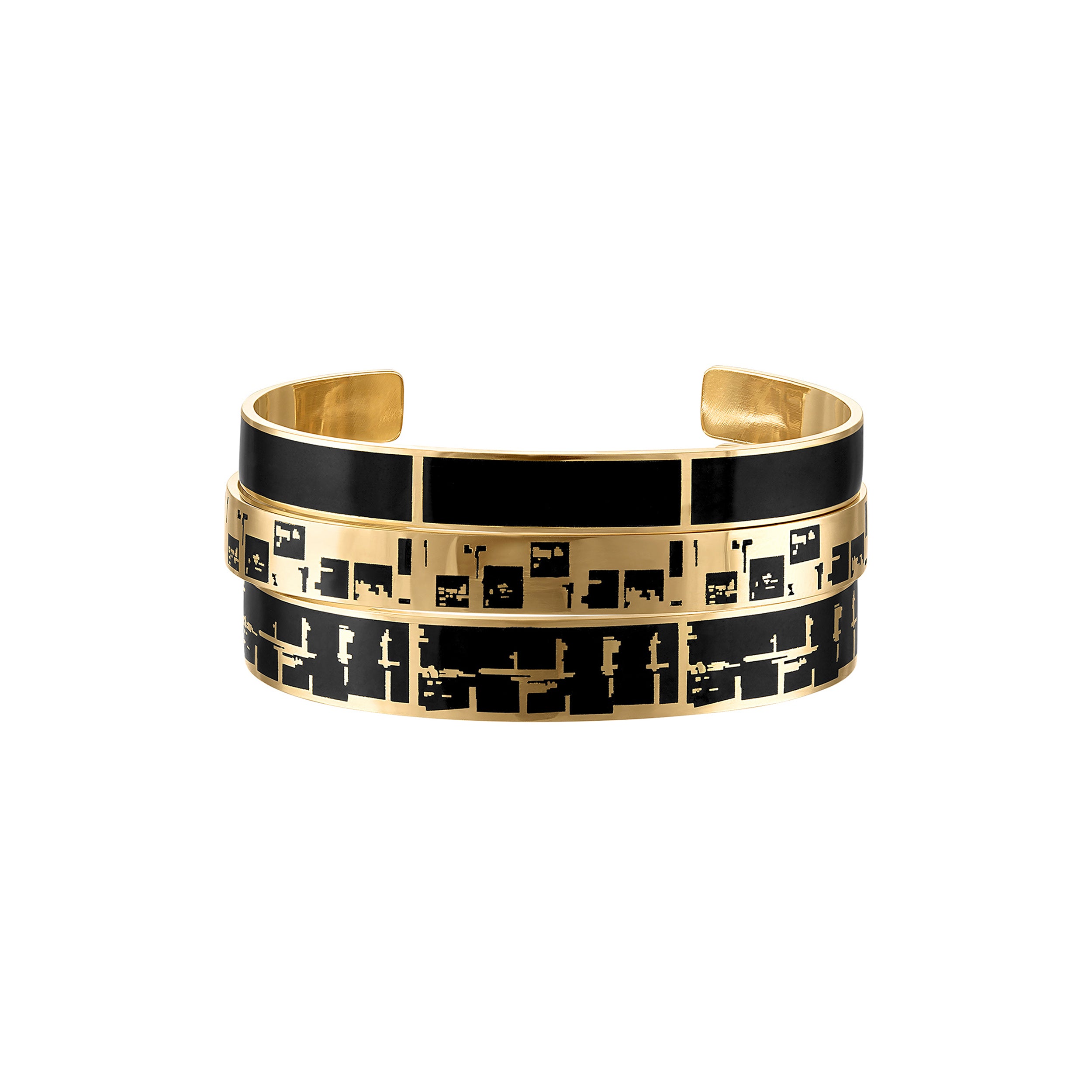 18k Gold 8mm Cuff Bracelets with Black Enamel