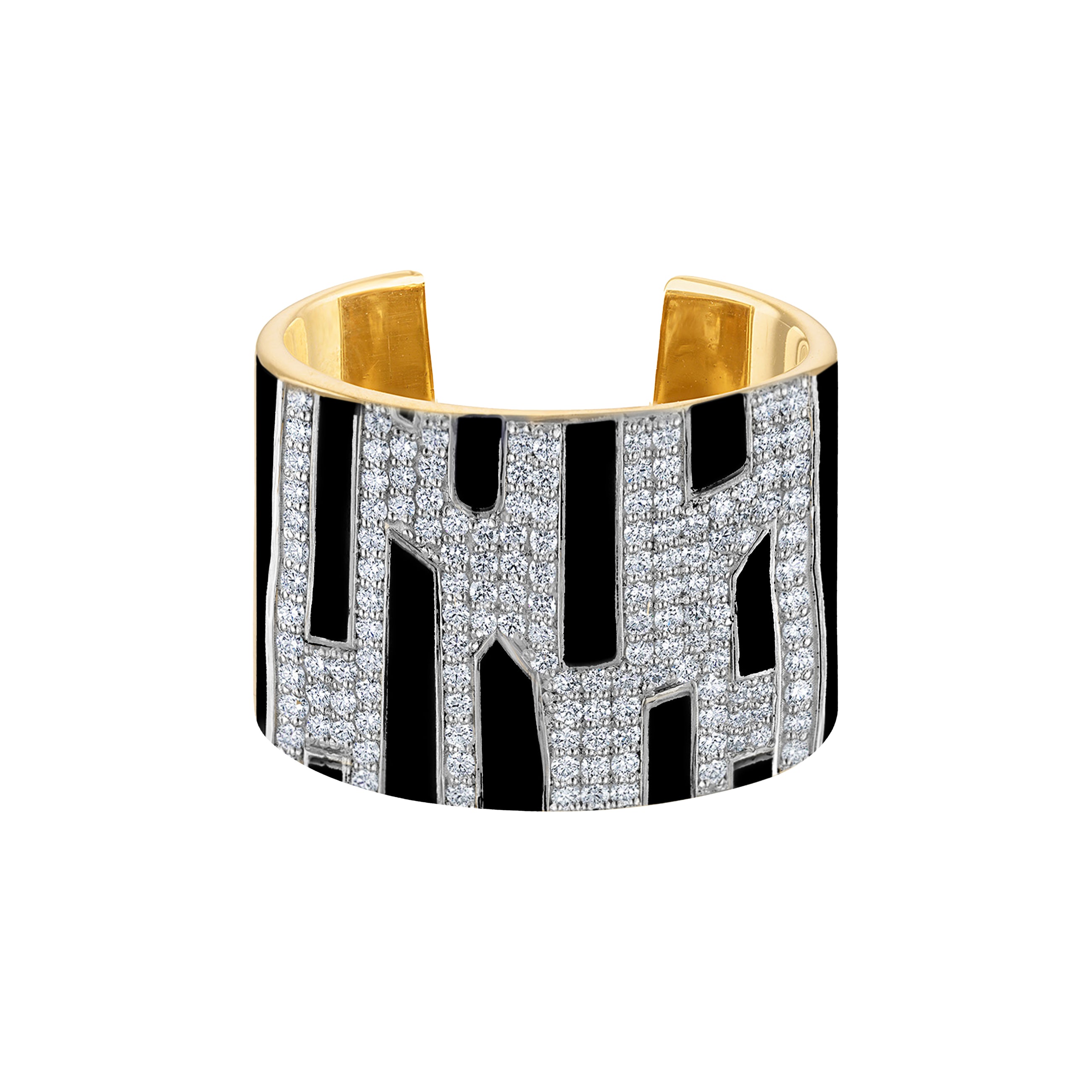 Solid 18k Gold Cuff Ring with Black Enamel & Paved Diamonds