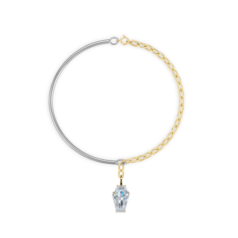 18k Gold Coffin Cut Mixed Metal Necklace with Clear Quartz