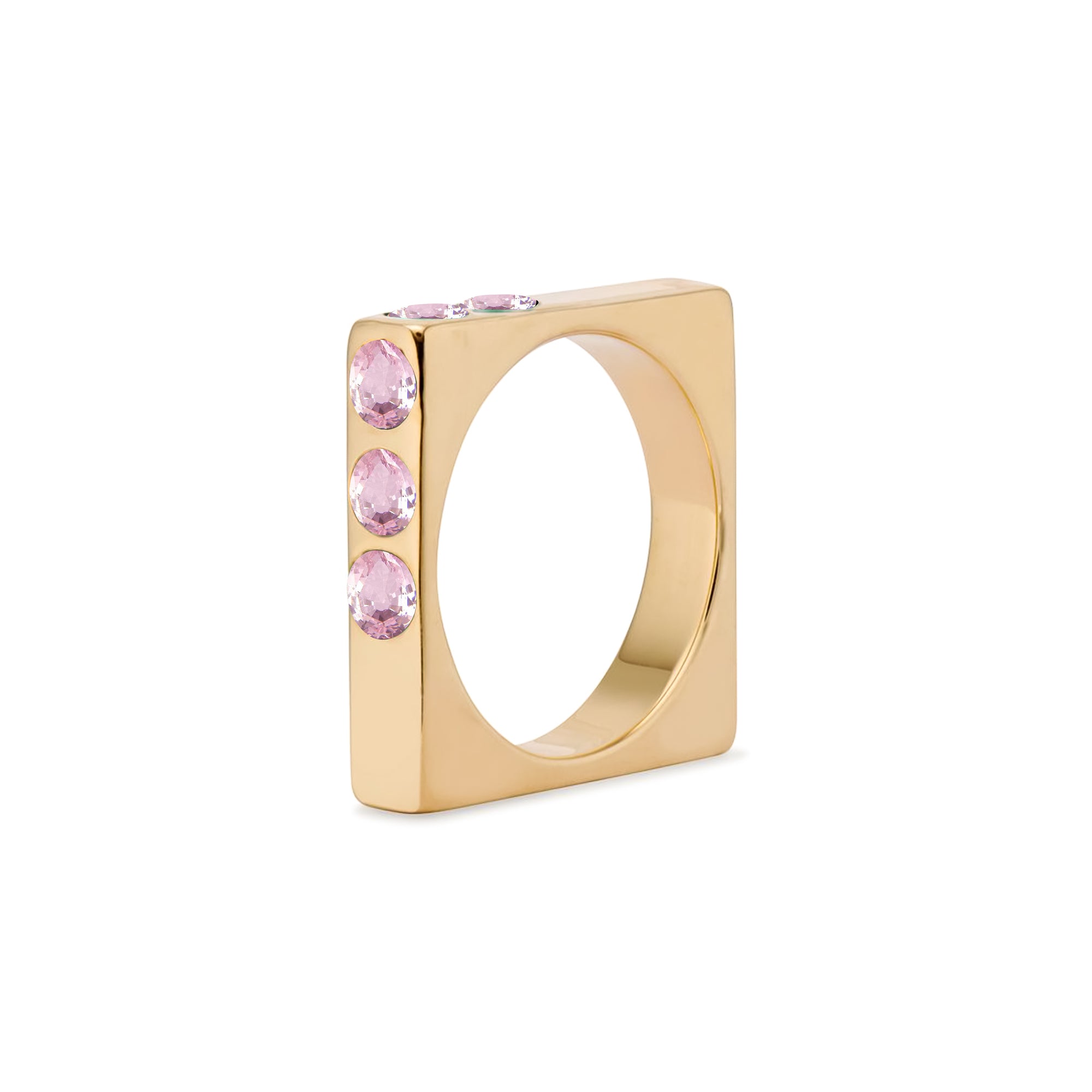 Solid 18k Gold Square Stacking Ring with Pale Pink Quartz